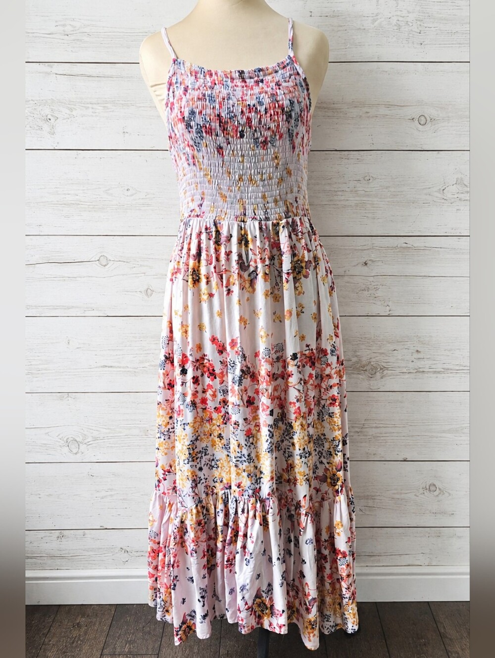 Maurices Floral Smocked Maxi Dress in White with Pink & Yellow Blooms Size S